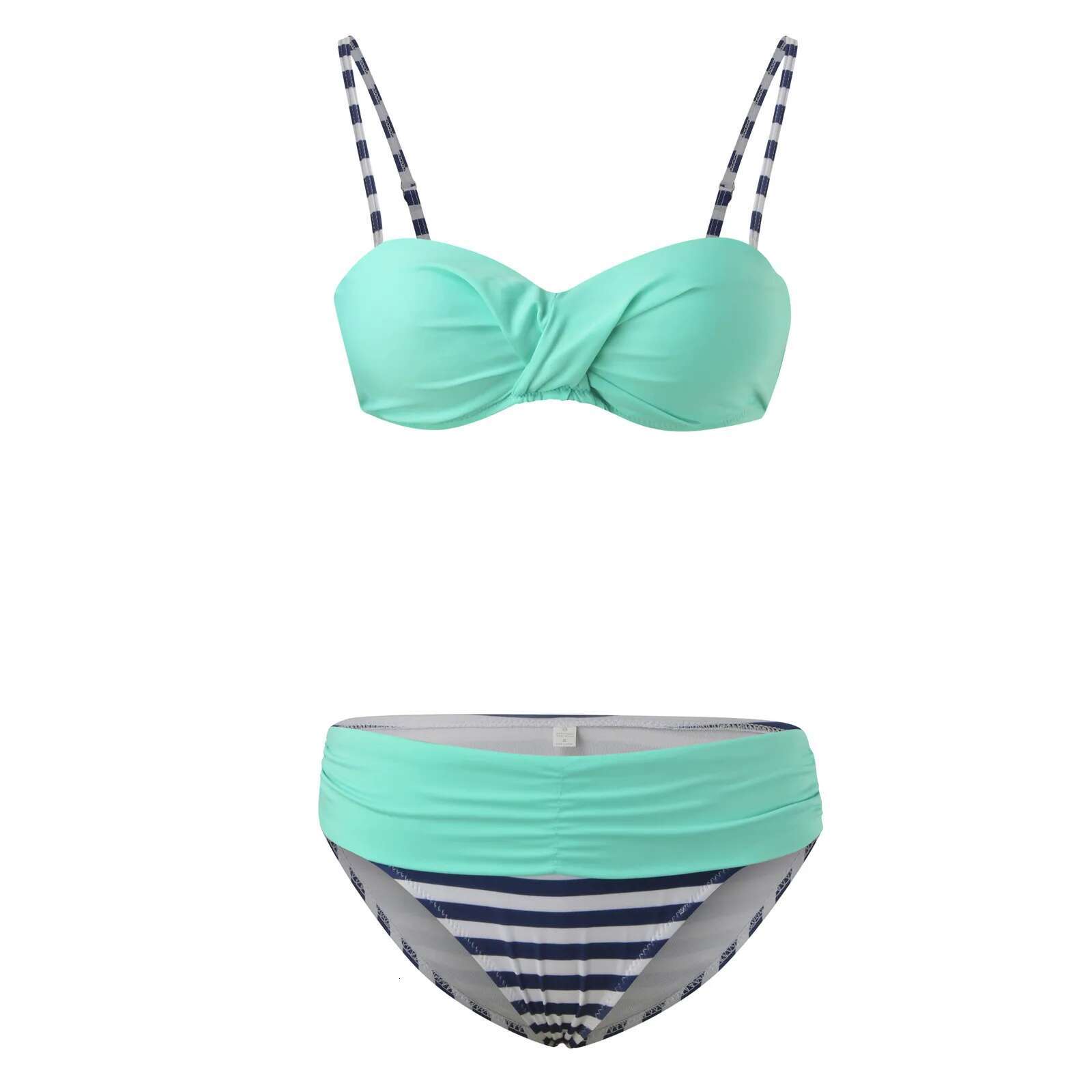 Sexy Push Up Bandeau Swimsuit Criss Cross Pleated Pure Color Stripe Low Waist Two-Piece Bikini Set Vacation Brazilian Swimwears