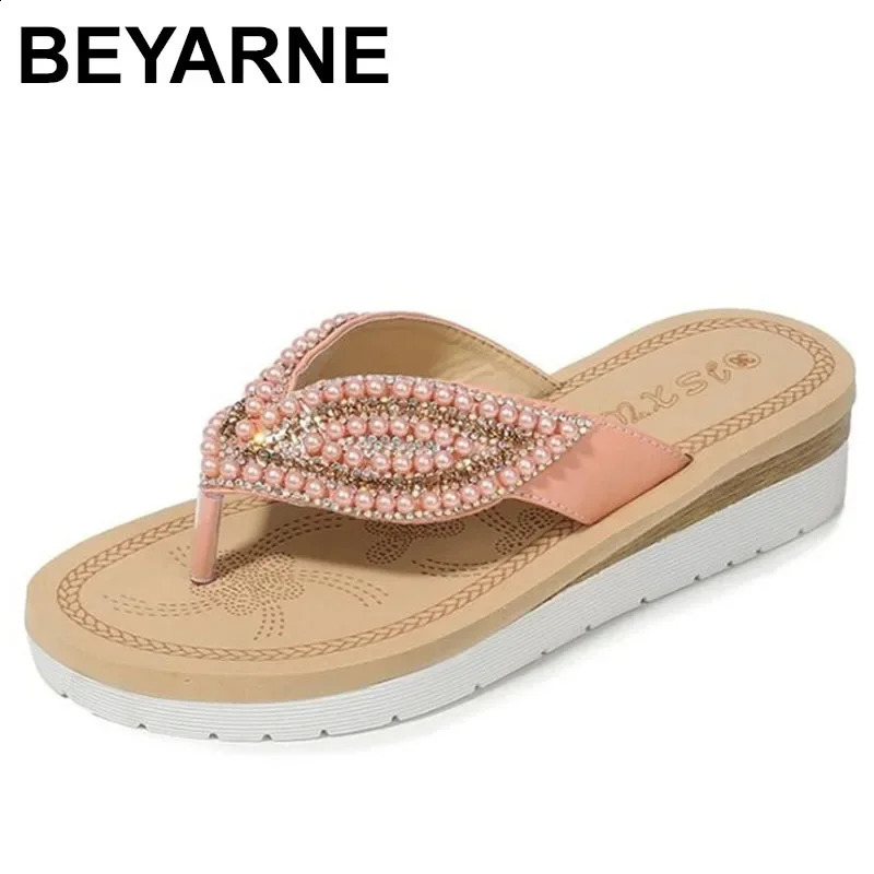 BEYARNE Fashion Womens Beach Slide Pearl Leaf Womens Sandals Casual Non slip Flat Flip Womens Slippers 250408