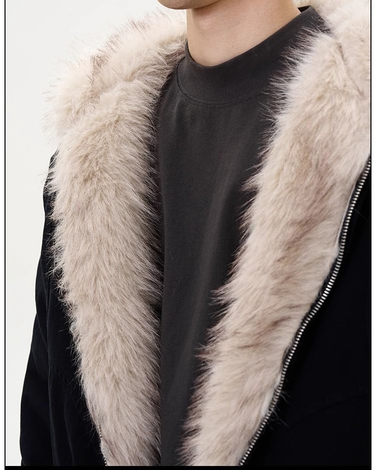 Men's Faux Fur Zip Jacket Y2k Collar High Quality Fashion Design Pullover Harajuku Casual American Warm Thicken Cardigan Coat Parkas