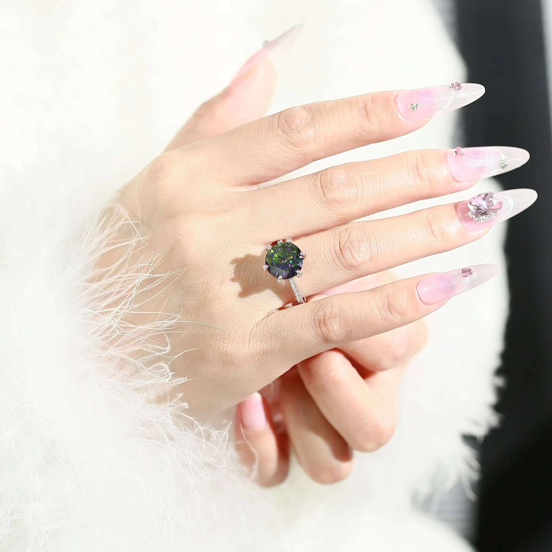 Luxury 5Carat Round Colorful Moissanite Ring Fine Jewelry S925 Sterling Silver Six-claw Moissanite Engagement Diamond Ring