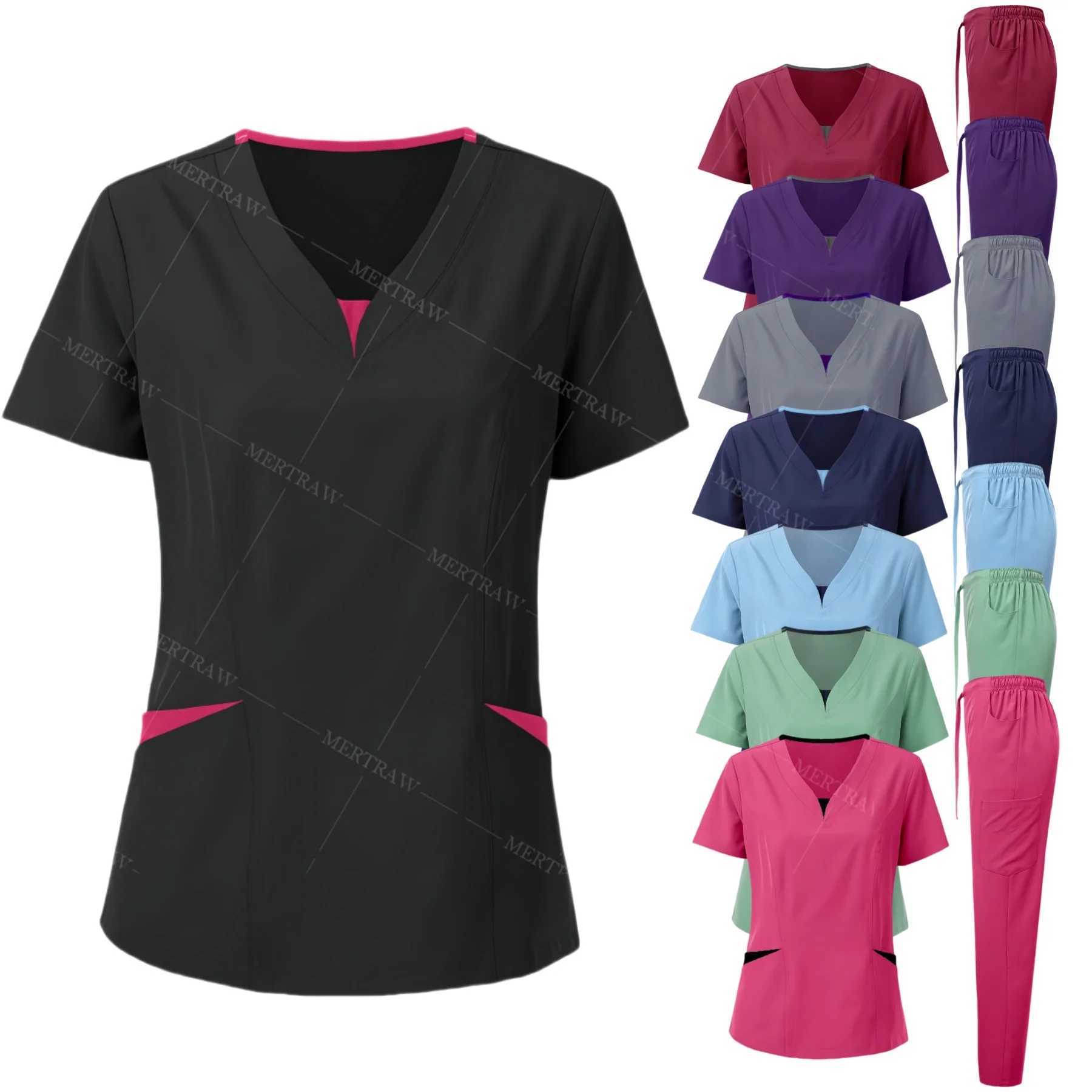 A frosted suit suitable for female nurses stylish V-neck oversized nursing shirt beautiful solid color workwear frosted top and pants X250410