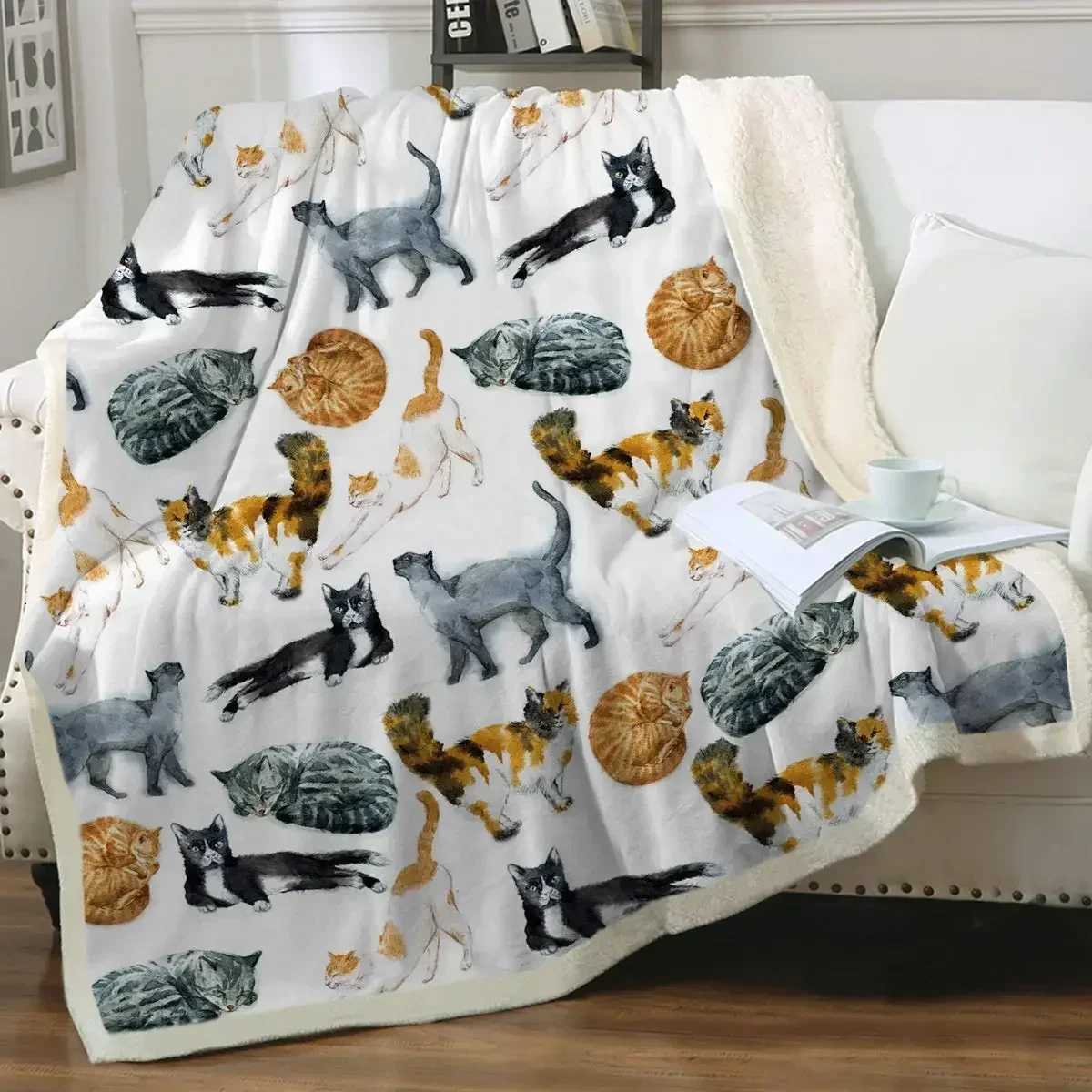 Grey and White Cats Blanket Plush Sherpa Flannel Throw Blankets for Couch Sofa Super Soft Blanket Bedroom TV Throw Blanket Full C251111