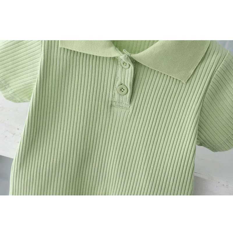 Girl Polo T-shirt Set Childrens Collar Pit Stripe Set Summer Short sleeved Top+Pants 2PCS New Childrens Solid Casual Set 2-8YXJ250410