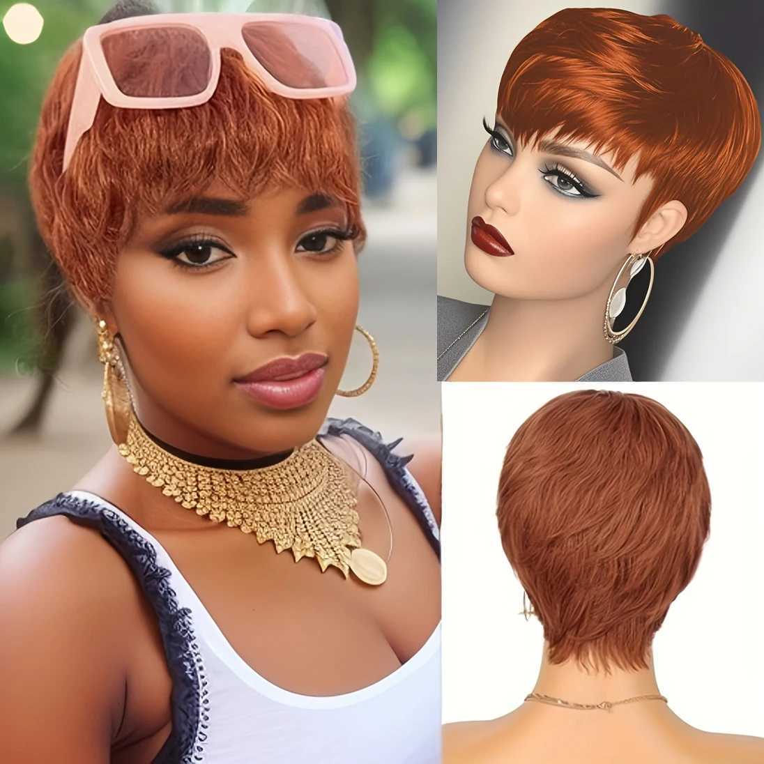 6inch Short Pixie Cut Straight Wig 100 Human Hair for Women Machine Made with Pre-Styled Bangs Tangle-Free Natural HairlineT251111