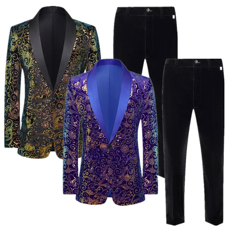 Men High Quality Wedding Banquet Sequin Suit 2 Piece Set Black Blue Fashion Men Gold Velvet Blazer and Trouser 251107