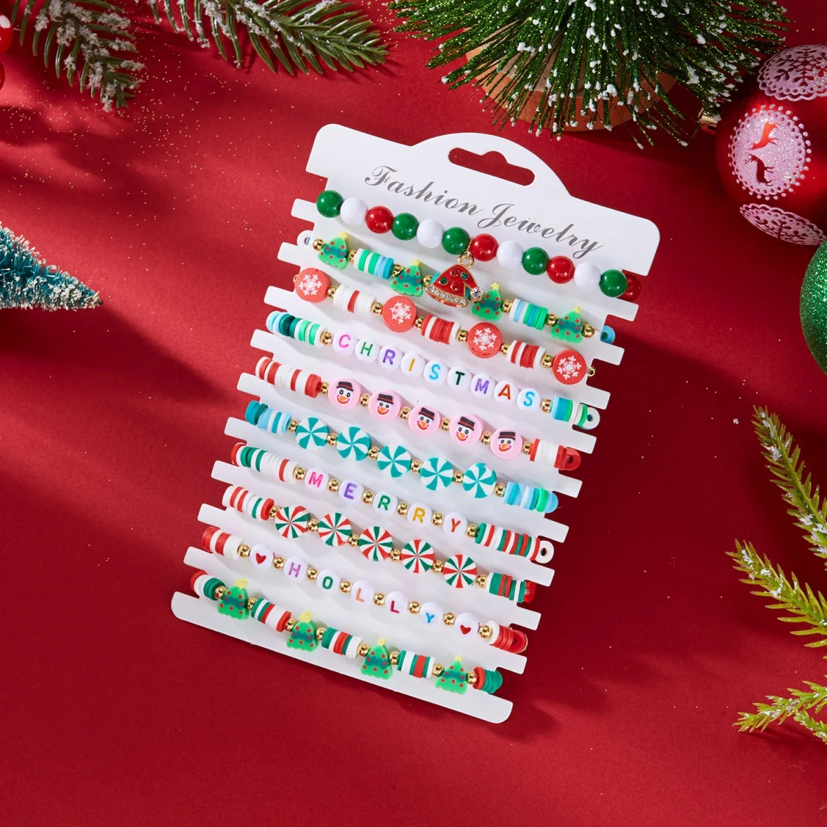 10PcsSet Multilayer Christmas Bracelet Snowman Tree Gift Box Snowflake Santa Claus Soft Clay Beads Bangle For Women Men Jewelry 251103