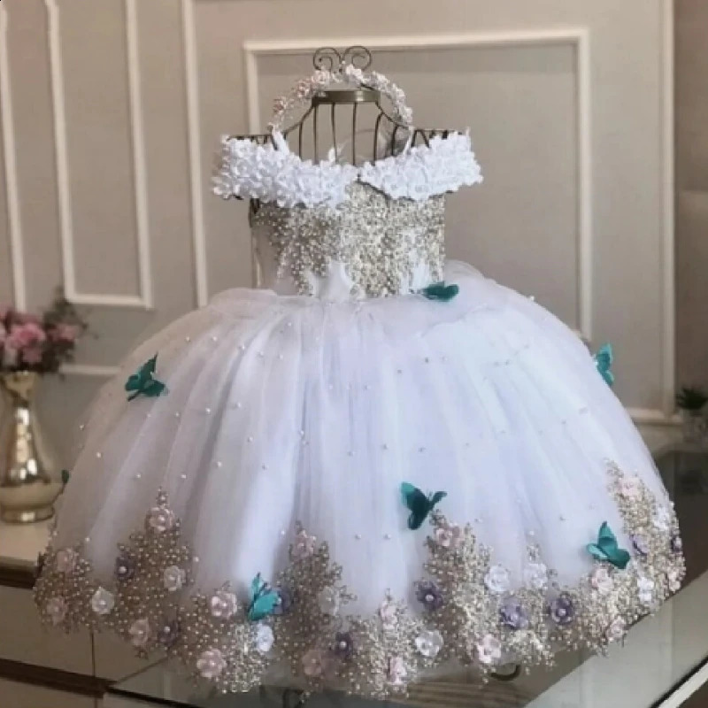 Customized Blue Baby Girl Dress Tulle Flower Pearl Butterfly Girl Dress Off Shoulder For Wedding Birthday Holy Communion Gowns 250410