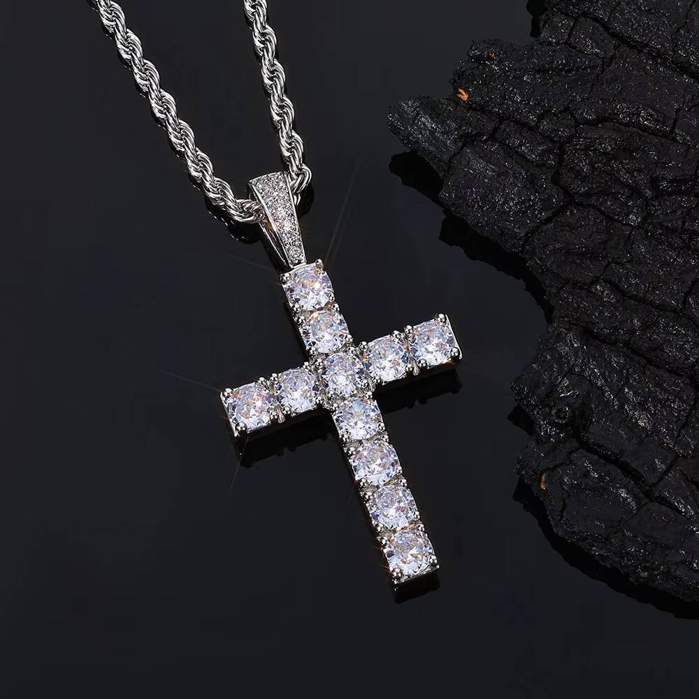 NUOYA Christian Jesus Bling Cross Pendant Necklace 925 Sterling Silver VVS Moissanite Hip Hop Jewelry Gift for Men Women