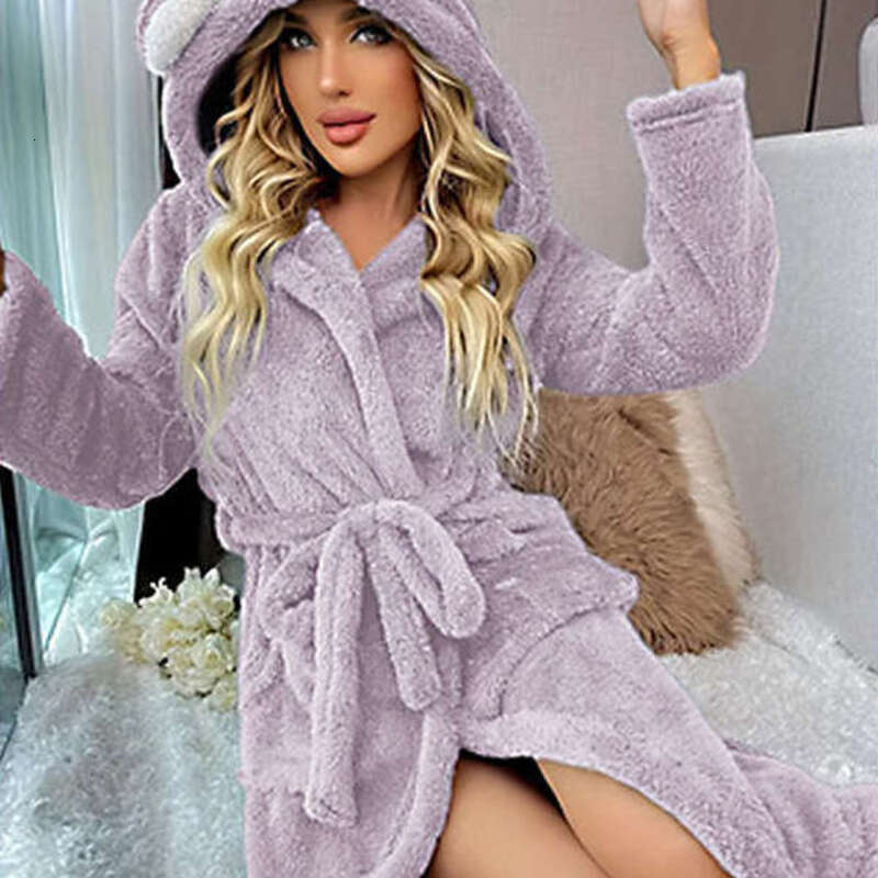 Women's Winter Pajamas Coral Fleece Thickened Sleeve 2025 New Hooded Robe Flannel Loungewear Long Style