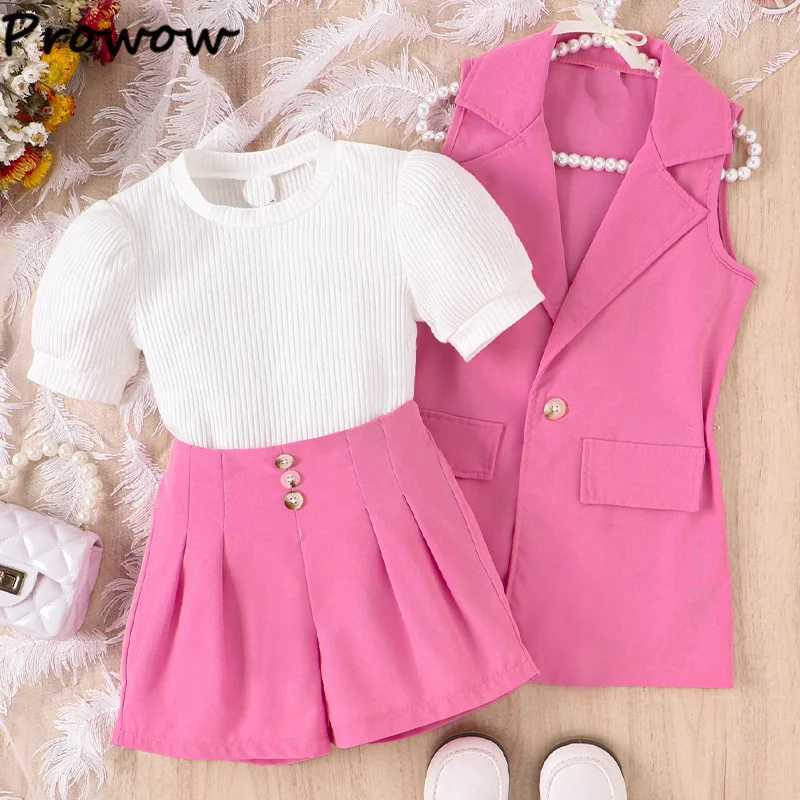 Professional summer womens collar jacket+fluffy sleeve T-shirt+high waisted shorts childrens clothing girl luxury setXJ250410