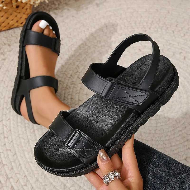 2025 Summer New Black Casual Fi Womens Sandals Comfortable Platform Sole Flat Bottom Open Toe Womens Black SandalsXJ250410