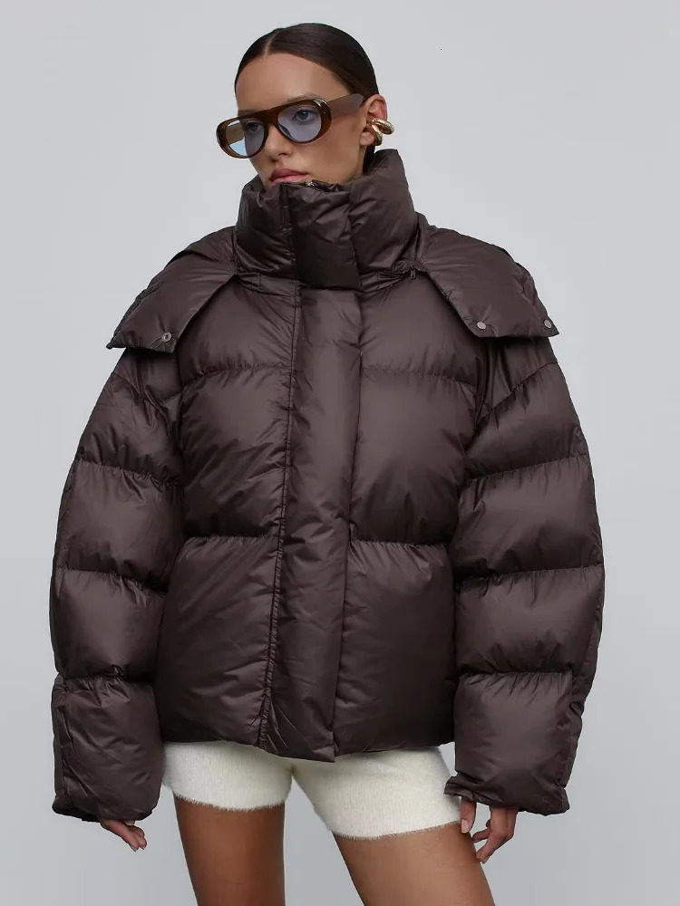 Casual Hooded Cotton Coat Women Brown Stand Collar Zipper Pocket Short Loose Jacket Winter Lady Warm Daily Commuter Outwear 251106