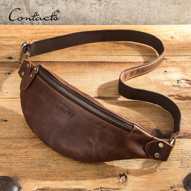 CONTACT'S 100% Crazy Horse Packs Travel Fanny Pack For Men Leather Waist Male Belt Multifunction Chest Bag
