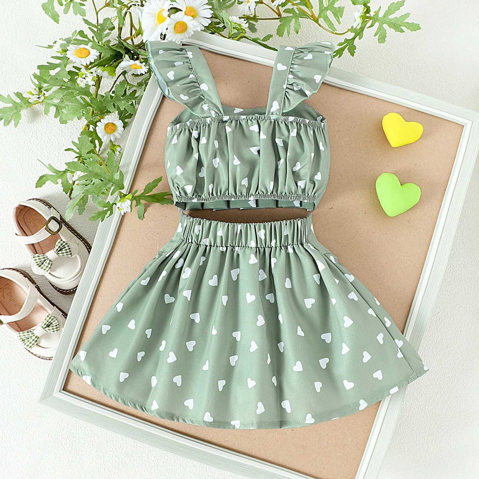 2PCS Summer New Sled Girl 1-4 Years Old Comfortable and Cute Cherry Love Pattern Top+Short Skirt Set for Preschool Girls ClothingXJ250410