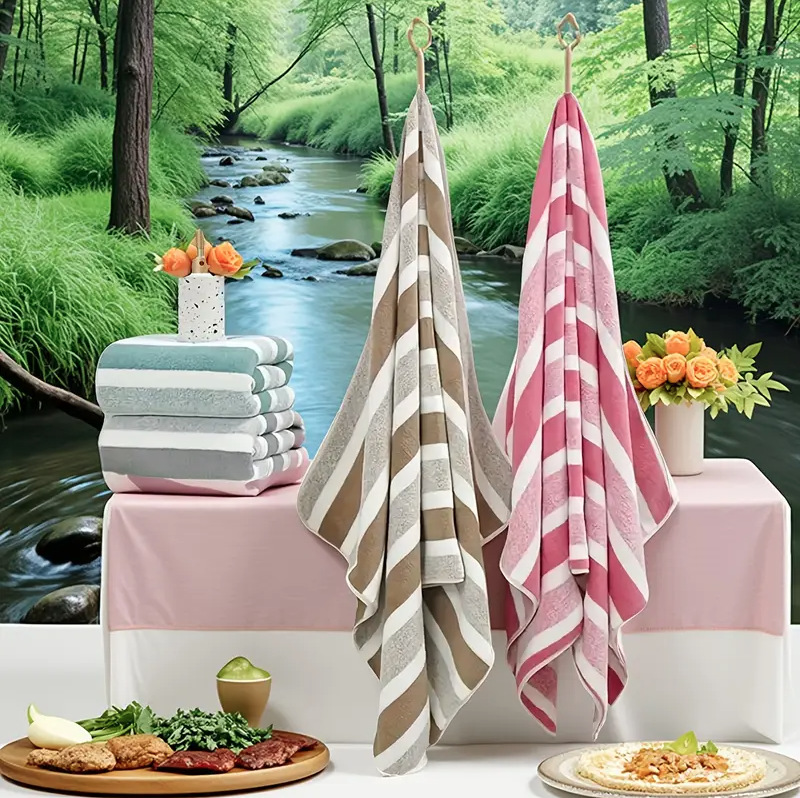 Extra Thick Velour Bathroom Linen for Adults Durable Non-Pilling Stripe Patterned Towel