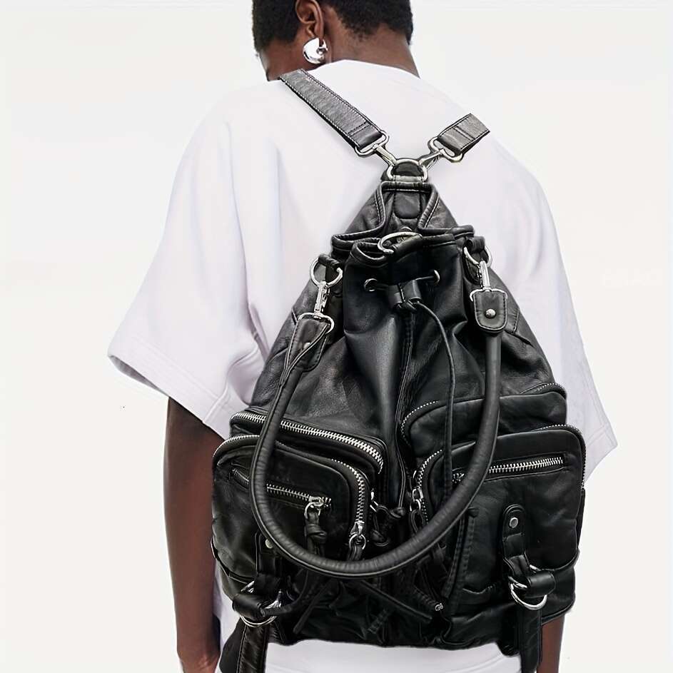 Y K Inspired Black Motorcycle With Multiple Pockets Durable Synthetic Faux Leather Adjustable Strap Perfect For Work Dates Parties Commute