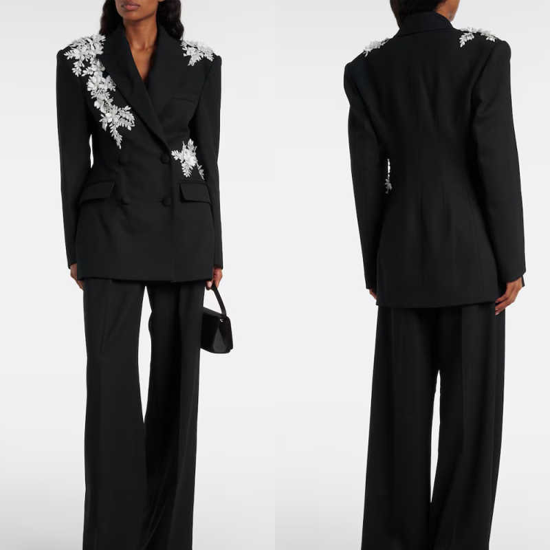 Fashion 3D Flowers Women Suits Double Breasted Peaked Lapel 2 Pieces Office Ladies Work Plus Size Birthday Party Custom Made