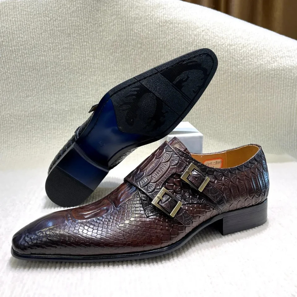 Mens Italian Genuine Leather Formal Oxford Shoes Python Pattern Button Detailing for Office Party Wedding Footwear 251106
