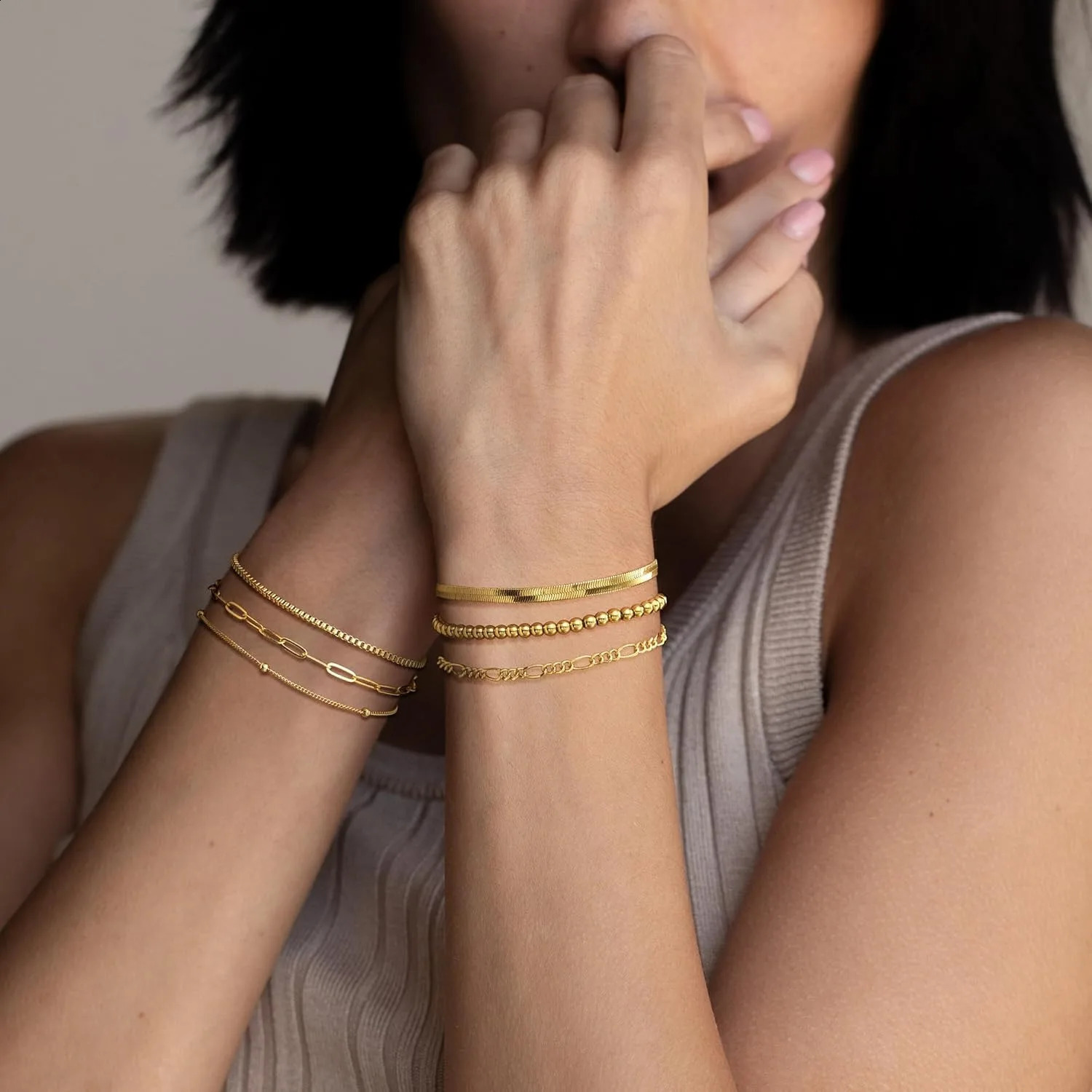 Womens Waterproof Gold Bracelet 14K Plated Jewelry Set Fashion ThinPaint Stackable Cuban Link Paper Clip Chain 250410