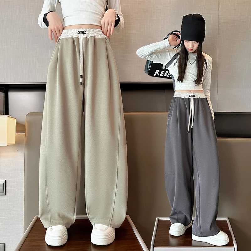 Girls Wide Leg Drawstring Pants Kids Fashion Loose Pants Children Straight Sweatpants High Waisted Spring Autumn Casual Trousers L251110