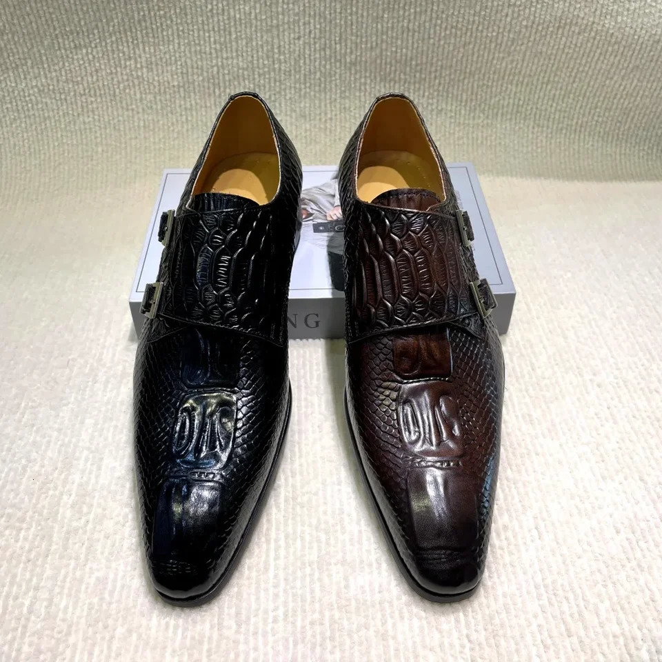 Mens Italian Genuine Leather Formal Oxford Shoes Python Pattern Button Detailing for Office Party Wedding Footwear 251106