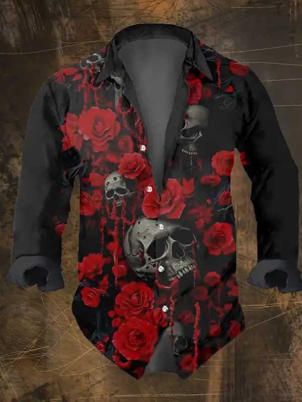 Mens Vintage Dark Skull Prints Long Sleeve Shirt-Halloween Skull Prints Black Tops Regular FitLapel Collar Polyester Blend K251110