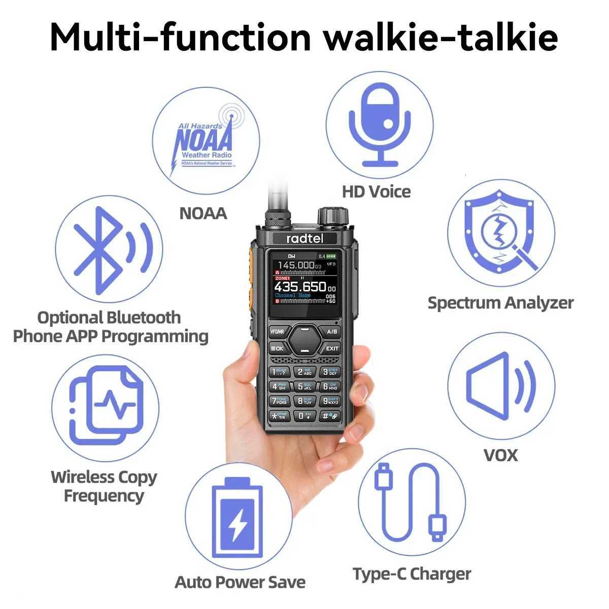 Radtel RT-910B 45-59Mhz TX RX Walkie Talkie 960 Channels AM/FM Air Band Type C Spectrum with Noise Reduction NOAA H251111