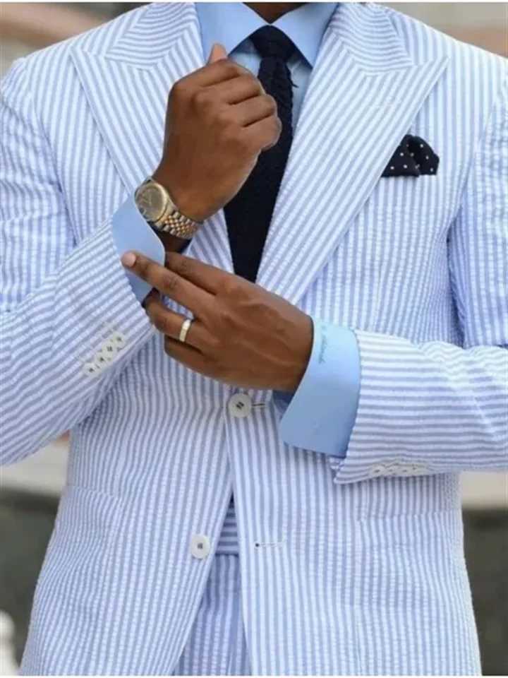 2 casual mens Seersucker striped suit custom wedding groom evening gown mens Peaked lapel jacket+pants W250410