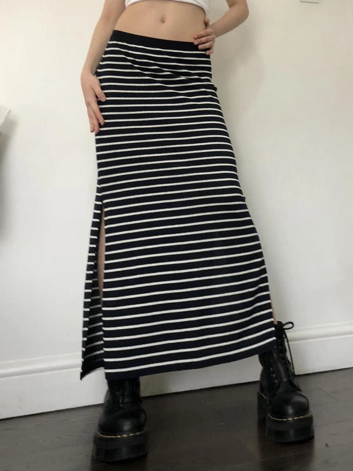Y2K black and white long strip womens split elastic waist basic elegant knitted skiing 250407