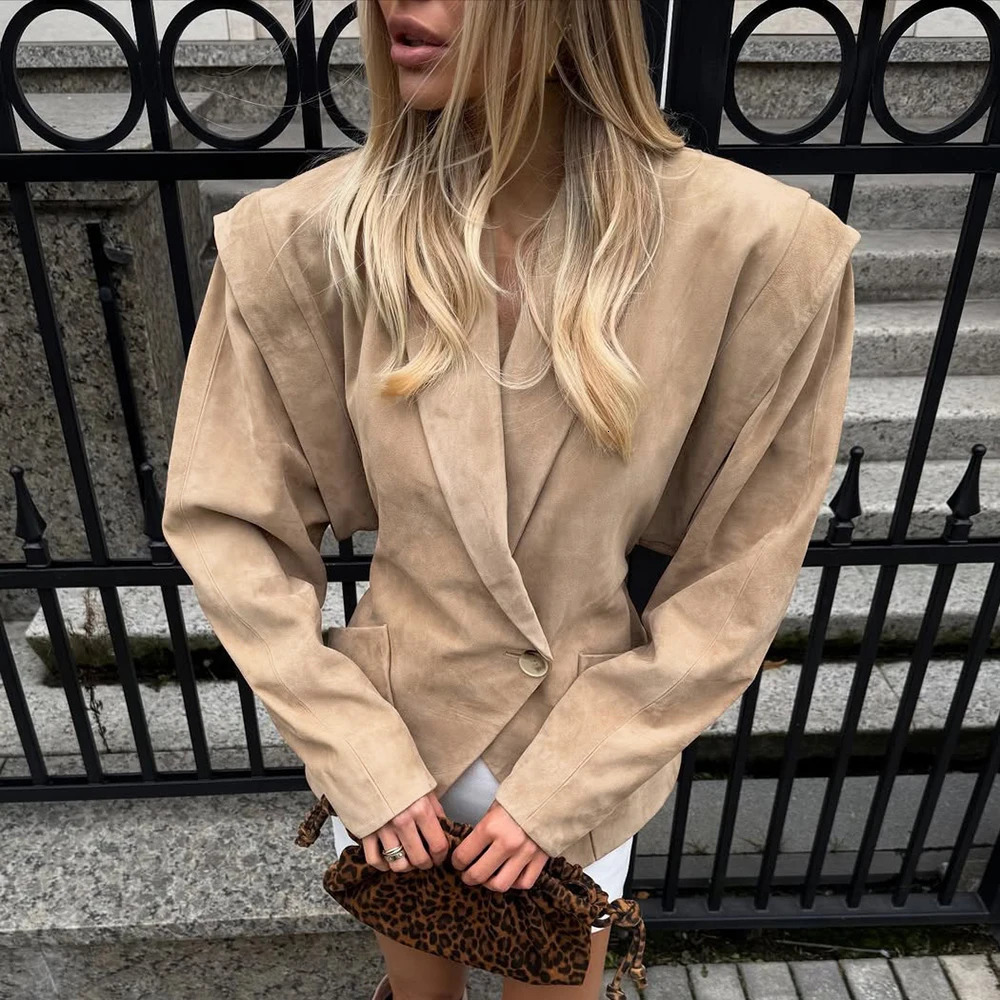 Talenza Vintage Brown Suede Jacket Women Fashion Solid V Neck Long Sleeve Pocket Lapel Single Button Coat Fashion Street Outwear 251106