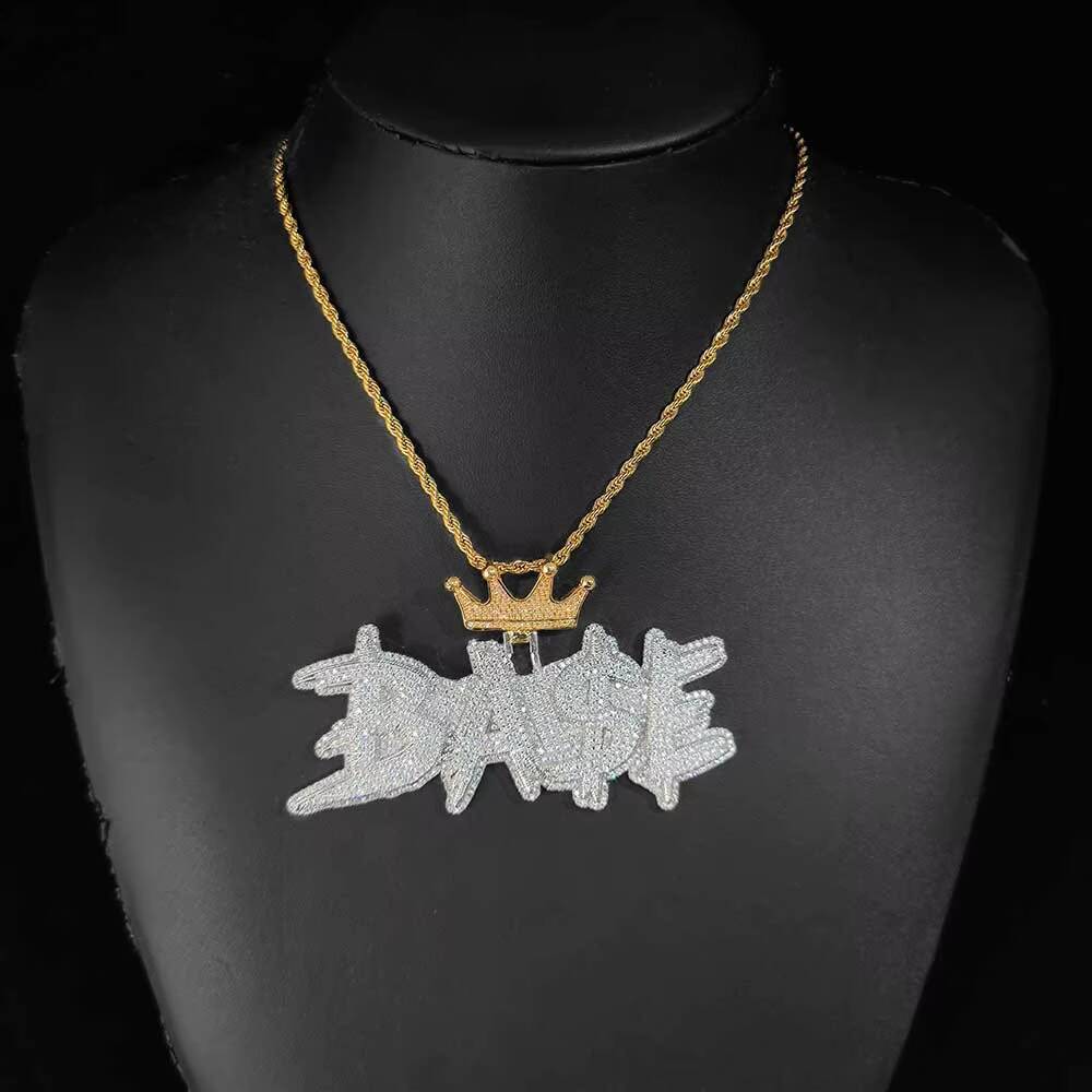 NUOYA Custom Cursive Letter Pendant Two Color Crown Hook Design Iced Out Diamond Name Pendant Hip Hop Jewelry Women Customizable