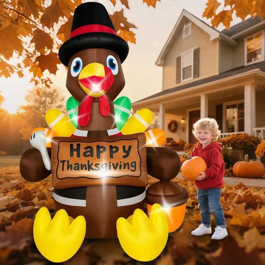 Christmas 6FT Fall Inflatable Turkey with Builtin LED Lights and Colorful Tail for Outdoor Lawn Yard Decoration Perfect Thanksgiving Infl Y251111