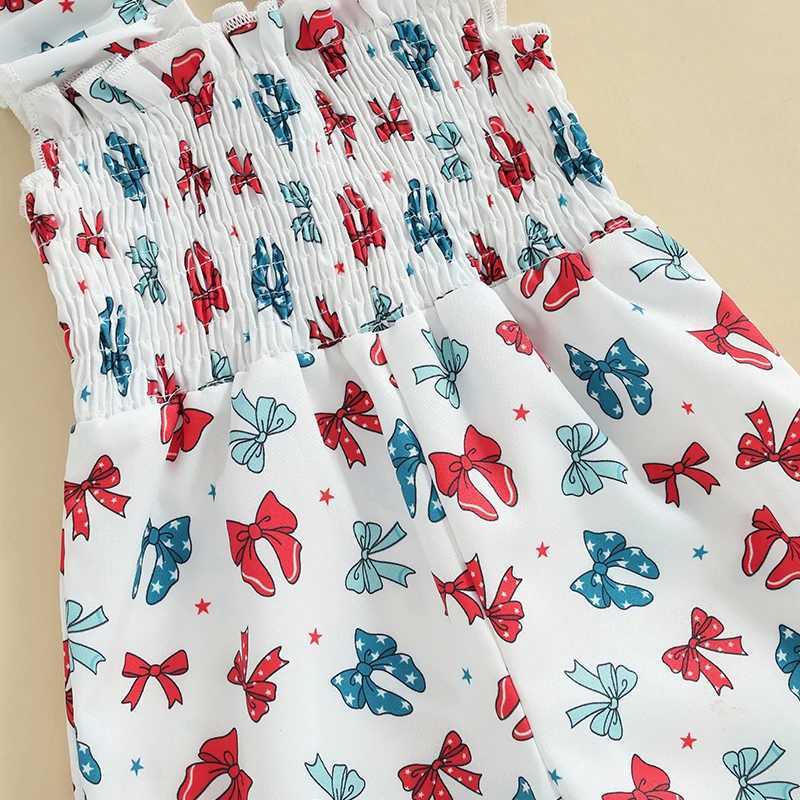 Cute girl floral print ruffled sleeves jumpsuit childrens summer full body hanging pants bow tie setXJ250410