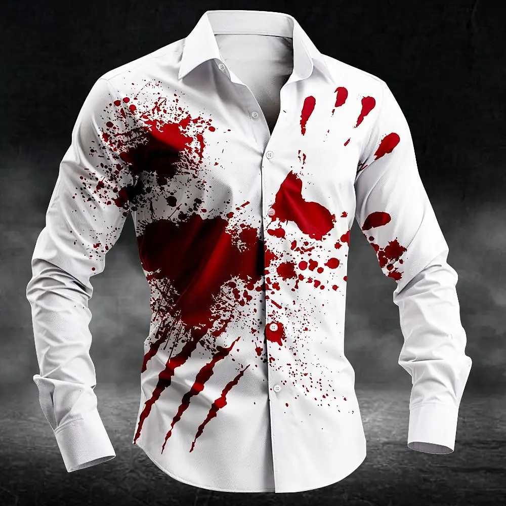 2025 Halloween Mens Letter Printed Blood Stains Shirt Button Up Shirt Long Sleeve Dark Punk Gothic Style Streetwear Mens Tops K251110