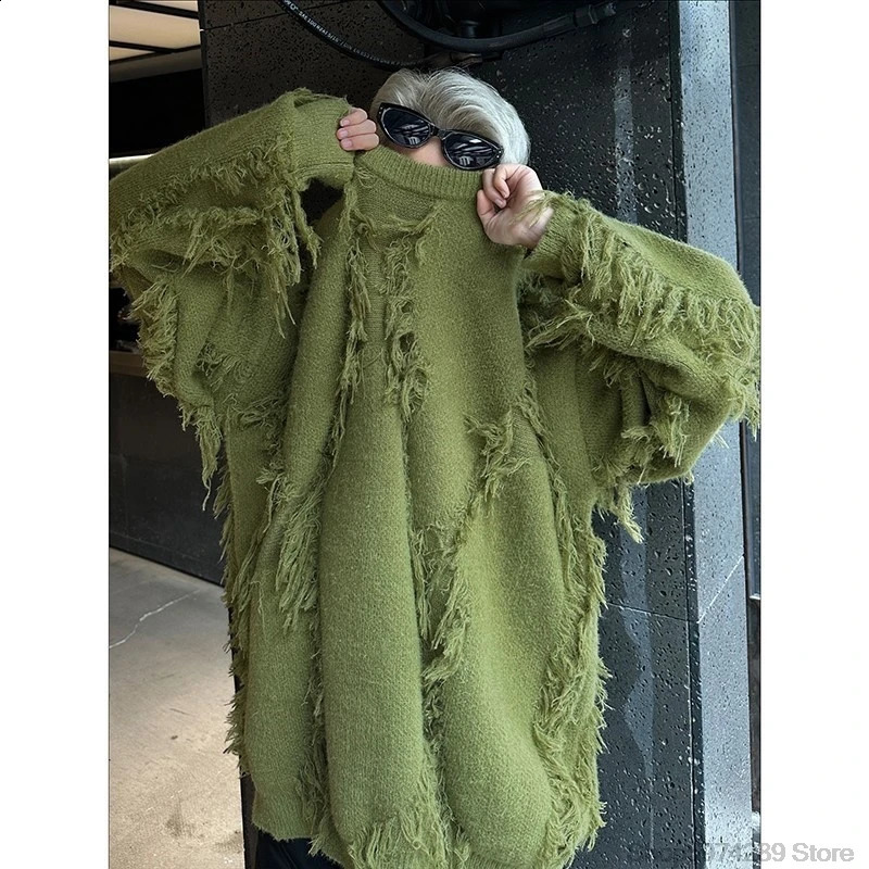 Ripped Tassel Sweater Men Women Streetwear Pullovers Mens Sweater Harajuku Fashion Hip Hop Fringed Knitted Round Neck Sweaters 250409