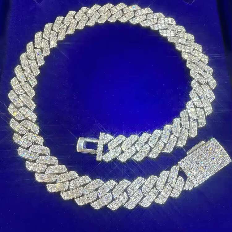 Fine Jewelry Gold Necklace D Color VVS Moissnaite Sterling Silver Baguette Diamond Cuban Link Chain with GRA Certificate