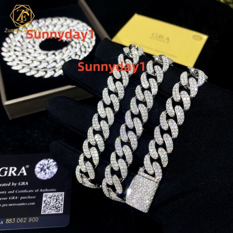 2 Rows Moissanite Prong Cuban Link Chain Necklace 12mm 15mm 925 Sterling Silver Iced Out Moissanite 8mm 20 Cuban Link Chai