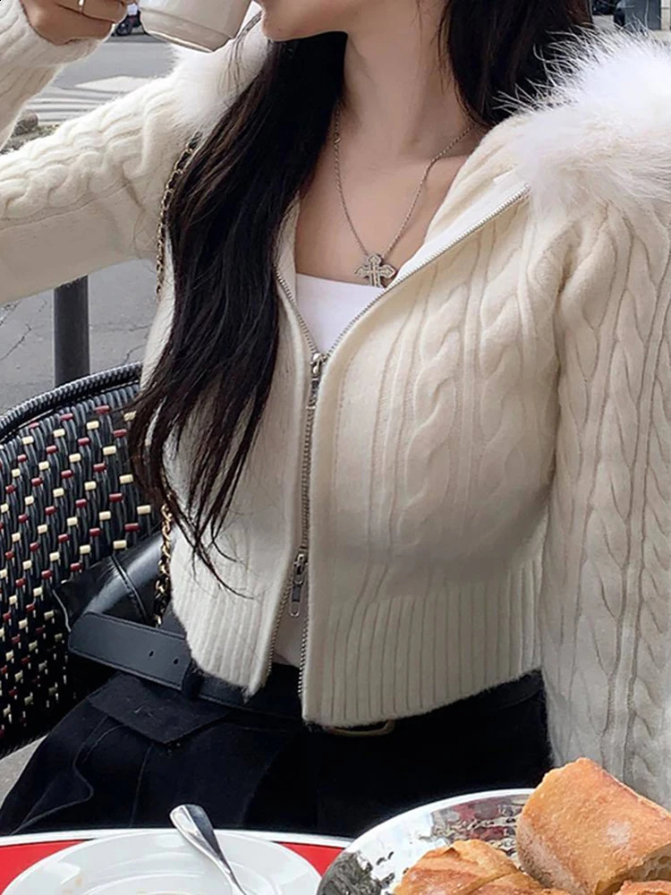 IAMSURE Sweet Fur Decorative Hooded Knitted Open Woolen Sweater Ultra Thin Zipper Long Sleeve for Women 2023 AutumnWinter Fashion 250407