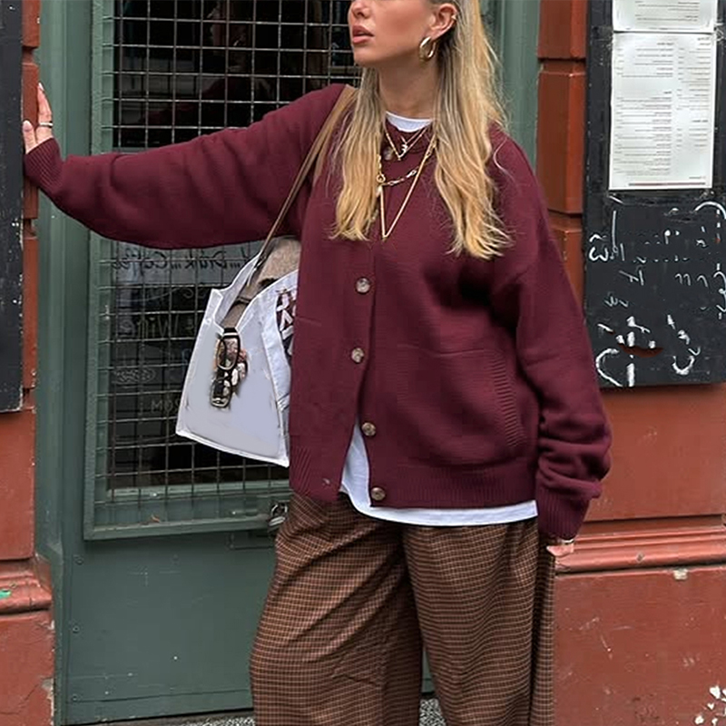 Women's solid-color casual sweater, button-up long-sleeved top with pockets, highly popular and suitable for street wear, trendy for autumn and w