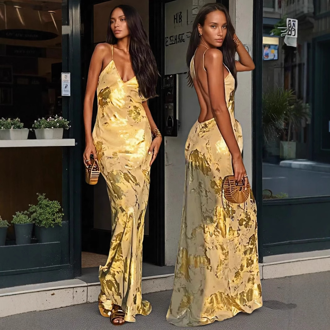 Women's clothing 2025 summer new product fashionable and sexy backless hot stamping suspender dress
