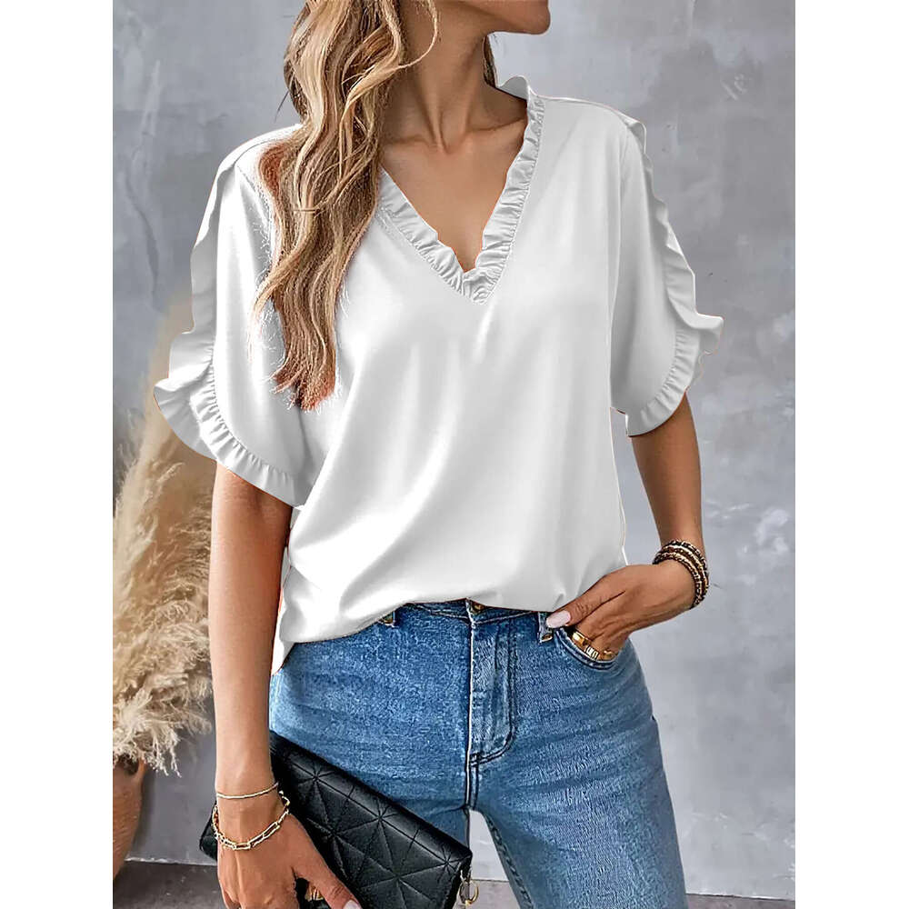 2025 Independent Station Wish Amazon Hot Item Summer Simple Solid Color Short Sleeve Ruffle V-Neck Shirt Top For Women a63b