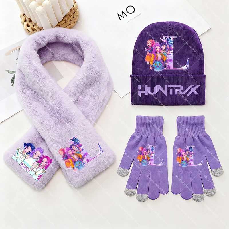 KPop Demon Hunters Kids Knitted Hat Scarf Gloves Set Winter Casual Cute Accessories 3PCS Knit Cap Scarfs Glove Girl Xmas Gifts Z251111