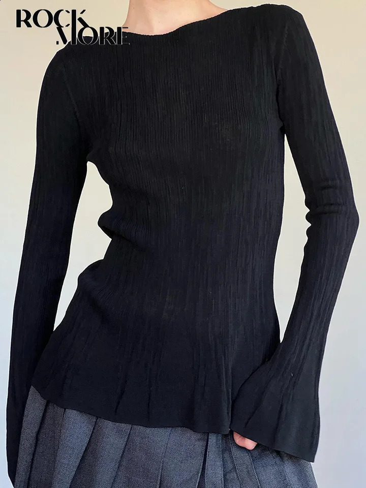 Rockmore solid pleated long sleeved Tshirt Flare sleeves Spring and Autumn womens ultrathin casual staff collar basic floral top 250407