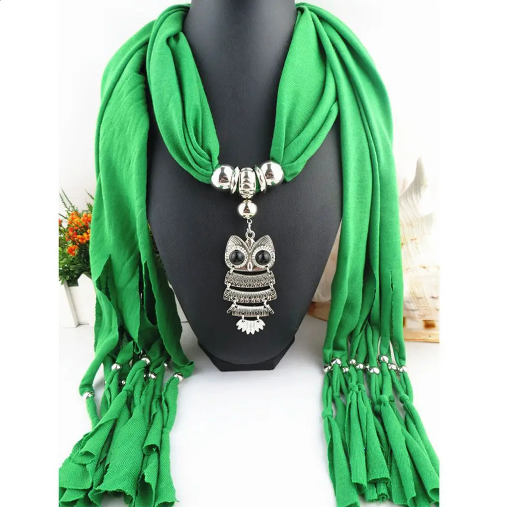 Womens Classic Owl Pendant Jewelry Scarf Necklace Scarf Edge Long Scarf 250409