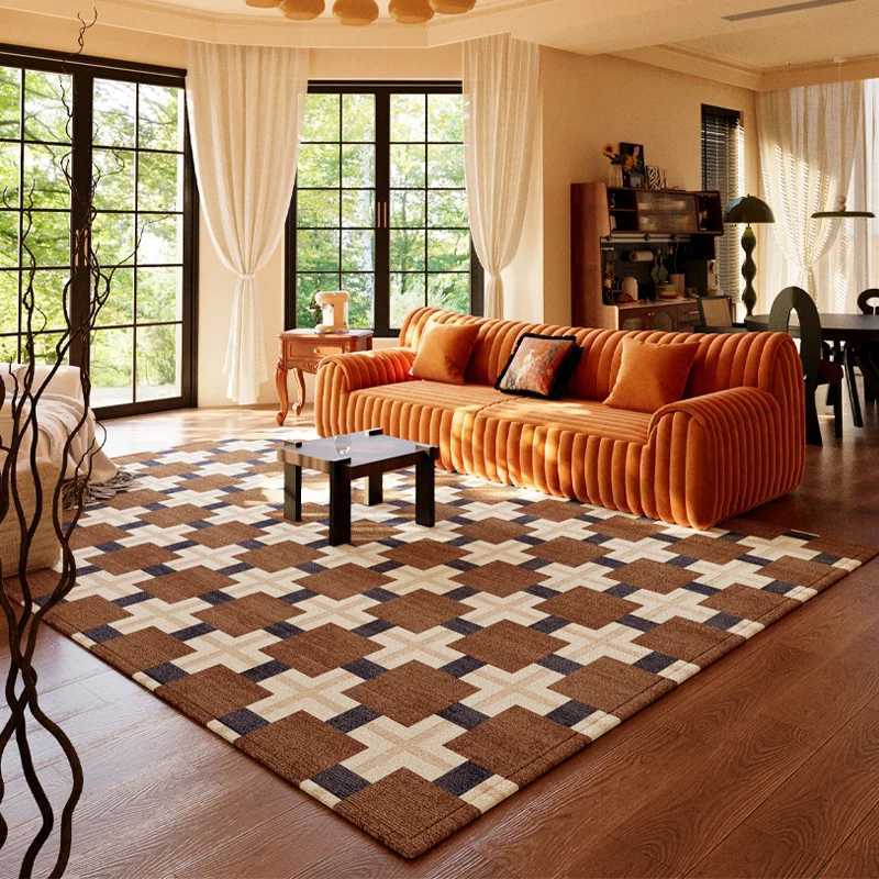 American Retro Rugs for Bedroom Soft Non-slip Lounge Rug Large Area Washable Living Room Decoration Rectangular Plaid Floor Mat Y251110