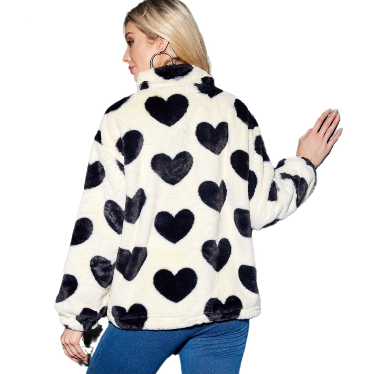 Women's winter faux coat, imitation fur heart-shaped zipper warm loose jacket for women