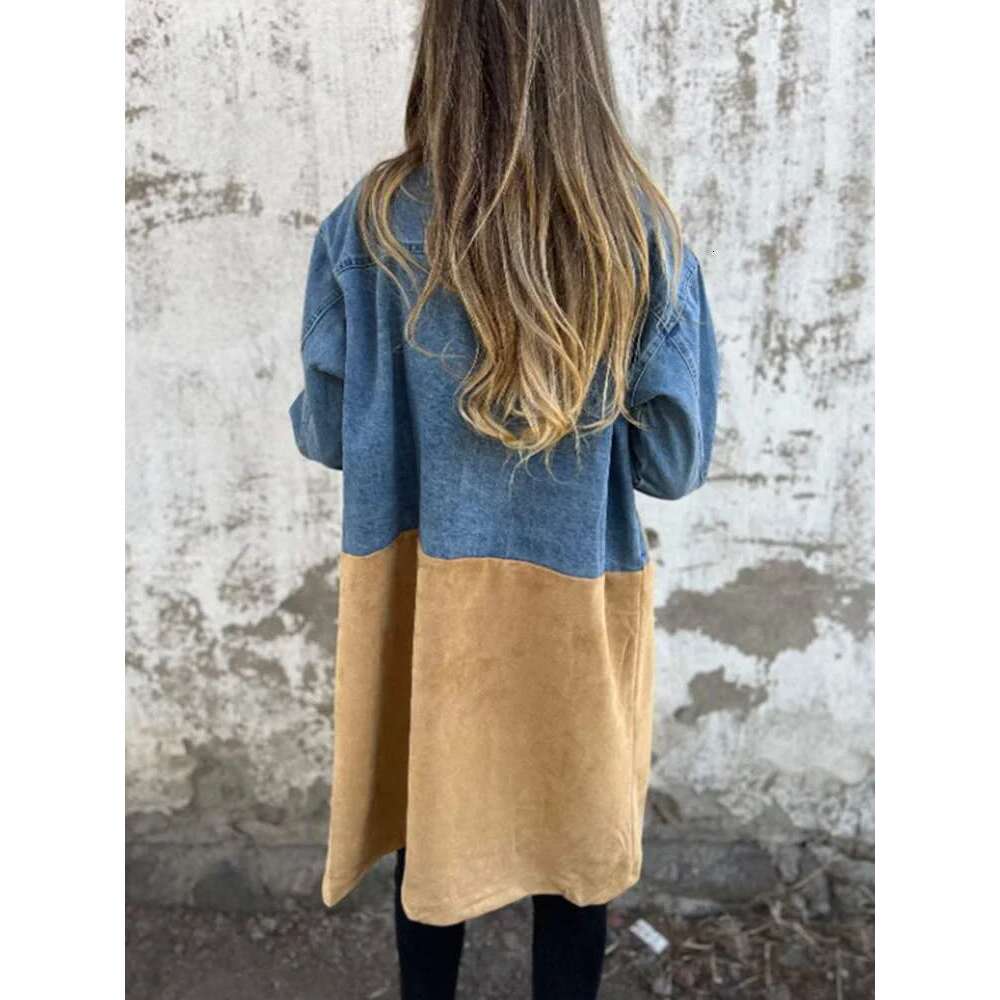 2024 Women Autumn Long Windbreaker Retro Turn Down Collar Denim Patchwork Ladies Trench Double-Breasted Casual Coats Streetwear