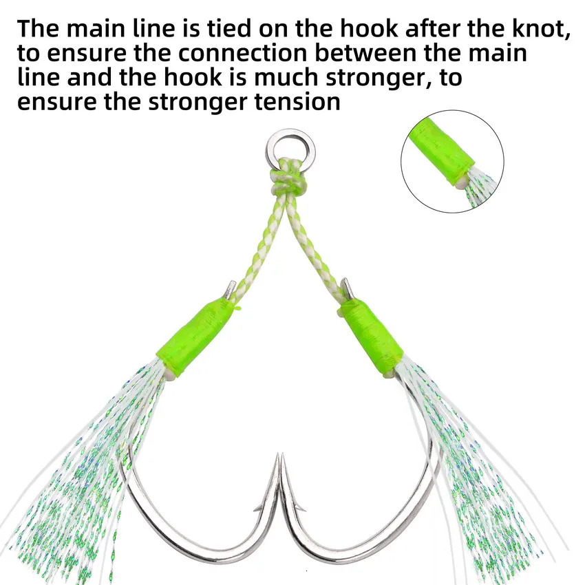 5PCS Jig Assist Hooks High Strength Stainless Steel Line Luminous Tube Feather Solid Ring Jigging Fishhook Boat Fishing Hooks 251103