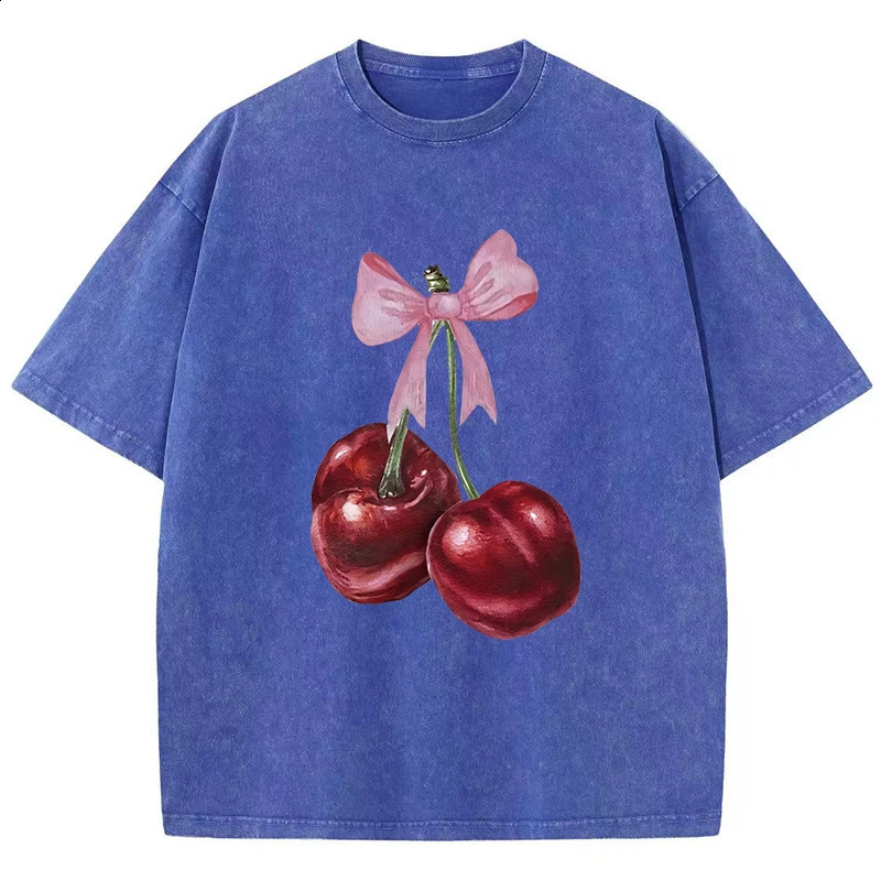 Womans Cotton Washed T-Shirts Fashion Distressed Loose Tee Shirts Carefully Packaged Cherries Prints Tops Casual Female Clothes 250410