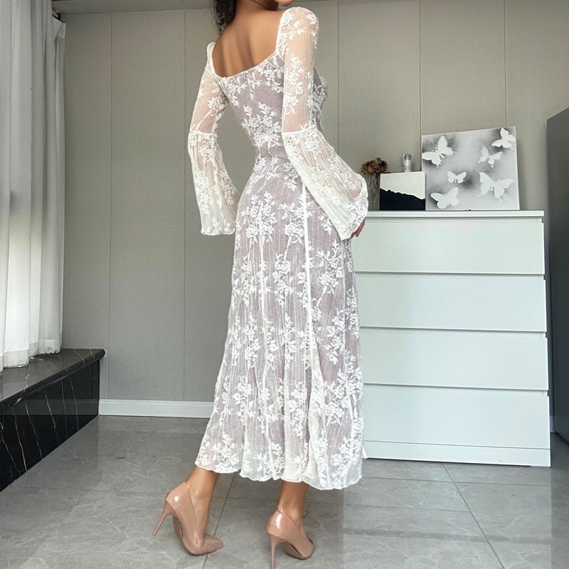 Elegant socialite lace V-neck hollow French for women 2025 new spring and summer waist cinching slimming dress